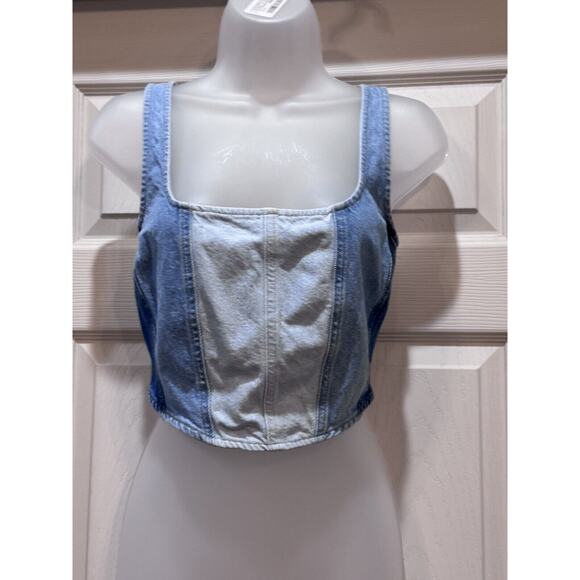 Patchwork Denim Cropped patchwork Sleeveless Halter Top Size Women’s Medium - Picture 1 of 11